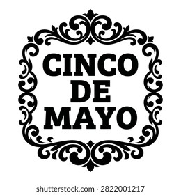 Cinco de Mayo logo with ornate black design and bold text on white background