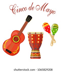 Cinco de Mayo. maracas green and red, drum, guitar. Congratulatory inscription. Vector illustration