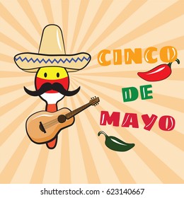 Cinco de Mayo. Maracas with a mustache in a sombrero and a guitar. Mexican Holiday