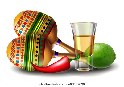 Cinco de Mayo. Maracas and tequila. Realistic vector. Vector