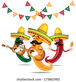 Cinco De Mayo Mariachi jalapeno band with guitar and maracas EPS 10 vector, grouped for easy editing. No open shapes or paths. 