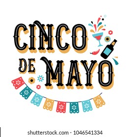 Cinco de Mayo - May 5, federal holiday in Mexico. Fiesta banner and poster design with flags, flowers, decorations