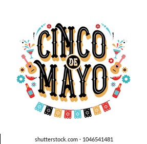 Cinco de Mayo - May 5, federal holiday in Mexico. Fiesta banner and poster design with flags, flowers, decorations