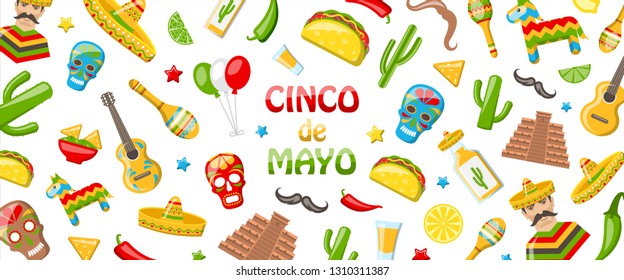 Cinco de Mayo - May 5, Holiday in Mexico. Mexican Banner with Traditional Symbols - Illustration Vector