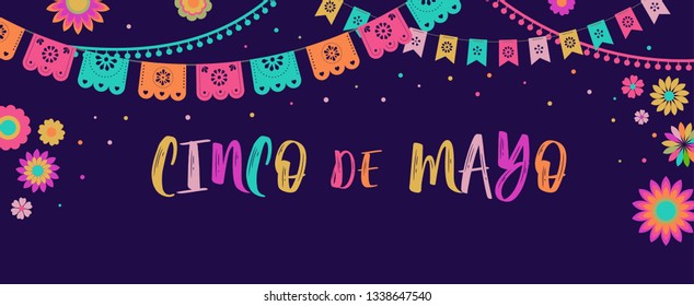 Cinco de Mayo - May 5, federal holiday in Mexico. Fiesta banner and poster design with flags, flowers, decorations