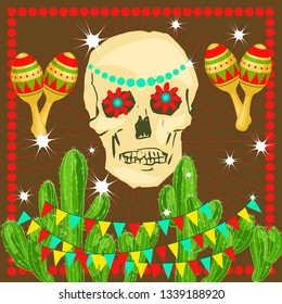 Cinco de Mayo - May 5, federal holiday in Mexico. Poster of Mexican culture symbols: maracas, cactus, skull, flowers, flag garland. Vector illustration