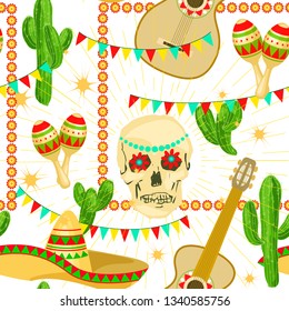 Cinco de Mayo - May 5, federal holiday in Mexico. Seamless pattern of Mexican culture symbols: maracas, sombrero, cactus, skull, flowers, flag garland. Vector illustration