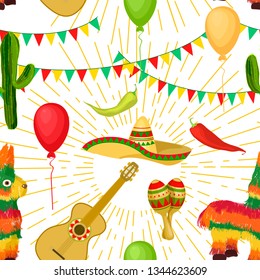 Cinco de Mayo - May 5, federal holiday in Mexico. Seamless pattern of Mexican culture symbols maracas, sombrero, cactus, pinata, pepper, inflatable balloon, flag garland. Vector illustration