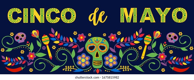 Cinco de Mayo - May 5, federal holiday in Mexico. Fiesta banner and poster design with flags, flowers, decorations,  and maracas text Feliz Cinco de Mayo.