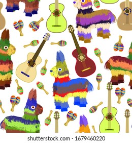 Cinco de Mayo - May 5, federal holiday in Mexico. Seamless pattern of Mexican culture symbols bright colorful maracas, pinata, guitar isolated on white. Mexcian traditional birthday toy. Vector