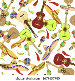 Cinco de Mayo - May 5, federal holiday in Mexico. Seamless pattern of Mexican culture symbols bright colorful maracas, sombrero, cactus, pepper, guitar isolated on white. Vector