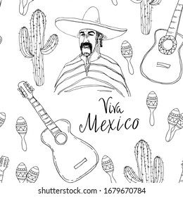 Cinco de Mayo - May 5, federal holiday in Mexico. Seamless pattern with man in sombrero,  maracas, guitar hand drawn isolated on white background. Black-white vector illustration