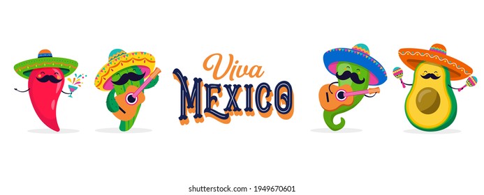 Cinco de Mayo - May 5, federal holiday in Mexico. Fun, cute characters as chilli pepper, avocado, cactus playing guitar, dancing and drinking tequila. 