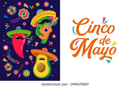 Cinco de Mayo - May 5, federal holiday in Mexico. Fun, cute characters as chilli pepper, avocado, cactus playing guitar, dancing and drinking tequila. 