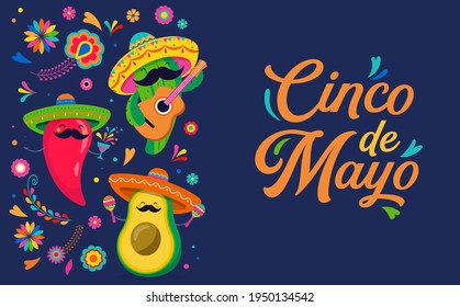 Cinco de Mayo - May 5, federal holiday in Mexico. Fun, cute characters as chilli pepper, avocado, cactus playing guitar, dancing and drinking tequila. 