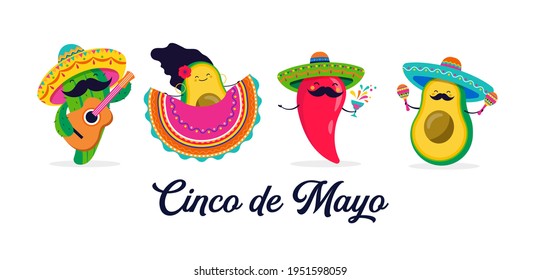 Cinco de Mayo - May 5, federal holiday in Mexico. Fun, cute characters as chilli pepper, avocado, cactus playing guitar, dancing and drinking tequila. 