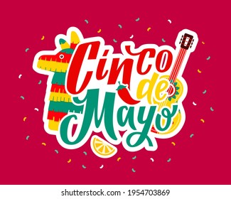 Cinco De Mayo - May 5, Federal Holiday In Mexico. Hand Drawn Lettering Phrase. Cinco De Mayo Poster With Guitar And Decoration Vector Illustration Design. Mexican Fiesta