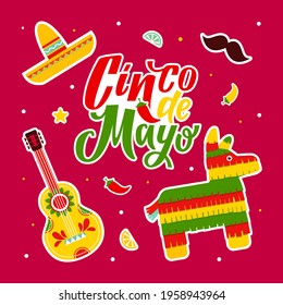 Cinco de Mayo - May 5, federal holiday in Mexico. Cinco de mayo. Hand drawn lettering phrase. Cinco de mayo poster with guitar and decoration vector illustration design. Fiesta. Mexico