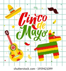 Cinco de Mayo - May 5, federal Mexico holiday. Cinco de mayo. Hand drawn lettering phrase. Cinco de mayo poster with guitar and decoration vector illustration design. Fiesta. Mexico