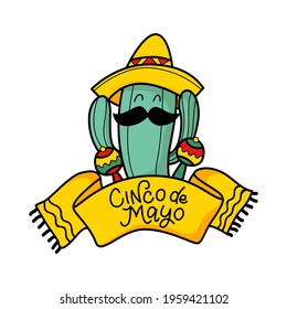 Cinco de Mayo - May 5, federal Mexico holiday. Cinco de mayo. Hand drawn cactus in a hat with moroccas and the inscription. Fiesta. Mexico