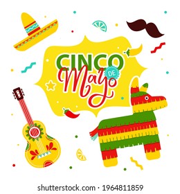 Cinco de Mayo - May 5, federal holiday in Mexico. Fiesta banner and poster design with decorations. Mexican guitar, mustache, tequila, pepper, skull. Mexican maracas, pinata, tacos