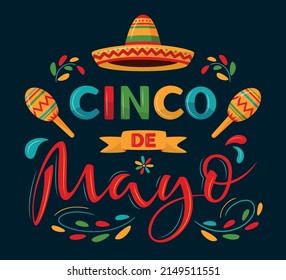 Cinco De Mayo, May 5, Federal Holiday In Mexico. Fiesta Vector Banner Design With Sombrero And Mexican Decorations On Dark Background. Lettering Sign For Poster, Greeting Card