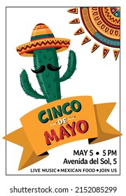 Cinco de Mayo, May 5, federal holiday in Mexico. Fiesta vector banner design with cactus,  sombrero and stylised sun in aztec style. Poster, invitation, greeting card concept