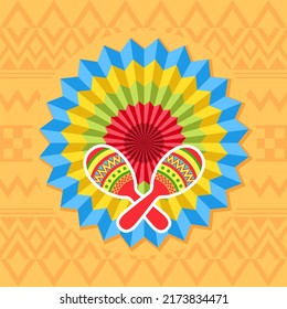 Cinco De Mayo - May 5, Federal Holiday In Mexico. Fiesta banner and poster design with party paper fan and maracas on the orange folk art pattern.