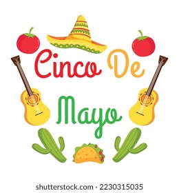 Cinco De Mayo May 5, Federal Holiday in Mexico. Fiesta Banner and Poster Design, Flowers, Decorations Cinco de Mayo Design | Vector Greeting Card for Cinco de Mayo, invitation with Curly Calligraphic	