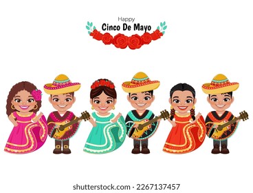 Cinco de Mayo in May 5 federal holiday in Mexico with Cartoon boys and girls in different mexican outfits for celebrating cinco de mayo event card template vector