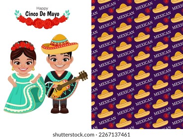 Cinco de Mayo in May 5 federal holiday in Mexico with kids in mexican outfits and mexican background card template vector