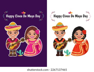 Cinco de Mayo en el 5 de mayo feriado federal en México con Cartoon boy y girl en trajes mexicanos para la celebración del vector de la tarjeta de evento de cinco de mayo