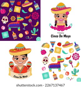 Cinco de Mayo in May 5 federal holiday in Mexico with boy girl in mexican outfits banner and Mexican elements background vector