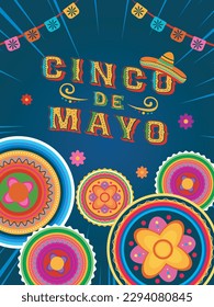 Cinco de Mayo - May 5, a federal holiday in Mexico. Vector banner and poster design with flags, flowers, and sombrero, Cartoon style.