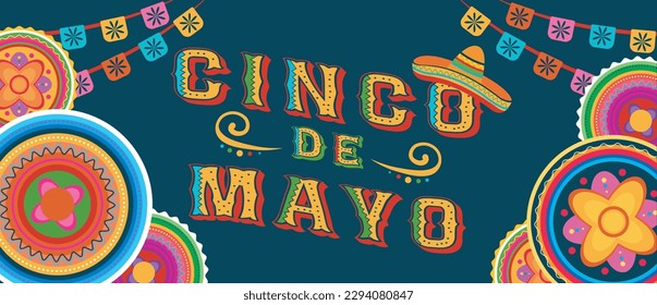 Cinco de Mayo - 5. Mai, ein Bundesurlaub in Mexiko. Vektorbanner und Plakatdesign mit Flaggen, Blumen und Sombrero, Cartoon-Stil.