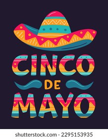 Cinco de Mayo, May 5, federal holiday in Mexico. Fiesta vector banner design with sombrero and moustache on dark background. Lettering ornamental sign for poster, greeting card