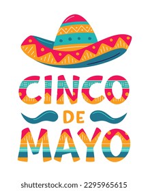 Cinco de Mayo, May 5, federal holiday in Mexico. Fiesta vector banner design with sombrero and moustache on white background. Lettering ornamental sign for poster, greeting card