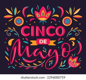 Cinco de Mayo, May 5, federal holiday in Mexico. Fiesta vector banner design with Mexican floral traditional elements. Ornate folk graphic. Lettering ornamental sign for poster, greeting card