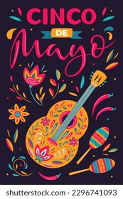 
Cinco de Mayo, May 5, federal holiday in Mexico. Fiesta vector banner design with Mexican traditional symbols: guitar, maracas, chili pepper, stylized flowers. Ornate folk graphic. For banner, poster