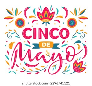 Cinco de Mayo, May 5, federal holiday in Mexico. Fiesta vector banner design with Mexican floral traditional elements. Ornate folk graphic. Lettering ornamental sign for poster, greeting card