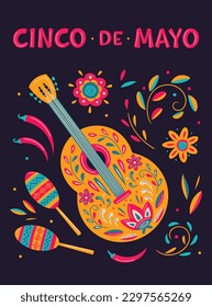 Cinco de Mayo, May 5, federal holiday in Mexico. Fiesta vector banner design with Mexican traditional symbols: guitar, maracas, chili pepper, stylized flowers. Ornate folk graphic. For banner, poster