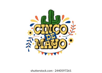 Cinco de mayo. May 5 holiday in Mexico. Poster with cactus leaf and garland. Isolated background.. 