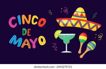 Cinco de Mayo - May 5, federal holiday in Mexico. Fiesta banner and poster design with sombrero, margarita, maracas