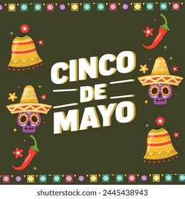 Cinco de Mayo - May 5, federal holiday in Mexico. Fiesta banner and poster design with guitar, tequila, sombrero, confetti. Lettering calligraphy inscription Cinco de Mayo. Vector illustration.