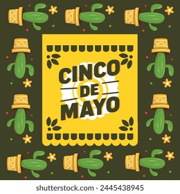 Cinco de Mayo - May 5, federal holiday in Mexico. Fiesta banner and poster design with guitar, tequila, sombrero, confetti. Lettering calligraphy inscription Cinco de Mayo. Vector illustration.