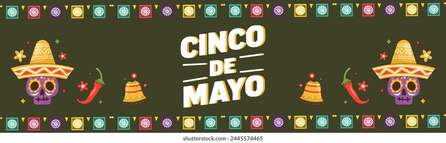 Cinco de Mayo - May 5, federal holiday in Mexico. Fiesta banner and poster design with guitar, tequila, sombrero, confetti. Lettering calligraphy inscription Cinco de Mayo. Vector illustration.