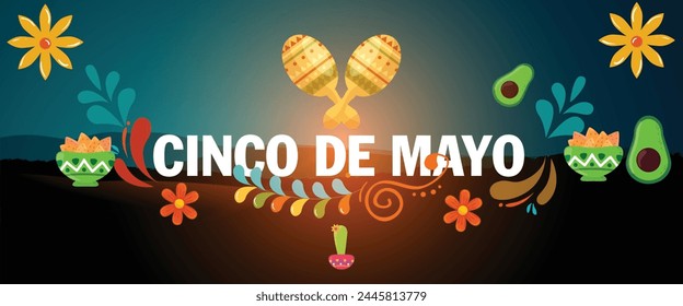 Cinco de Mayo - May 5, federal holiday in Mexico. Fiesta banner and poster design with flags, flowers, decorations. Cinco de Mayo creative, banner, social media post, greetings card, etc. 