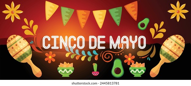 Cinco de Mayo - May 5, federal holiday in Mexico. Fiesta banner and poster design with flags, flowers, decorations. Cinco de Mayo creative, banner, social media post, greetings card, etc. 