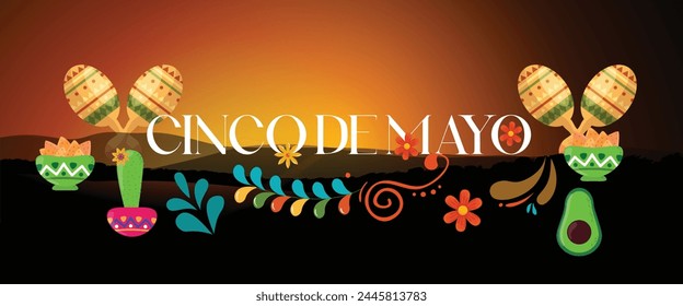 Cinco de Mayo - May 5, federal holiday in Mexico. Fiesta banner and poster design with flags, flowers, decorations. Cinco de Mayo creative, banner, social media post, greetings card, etc. 