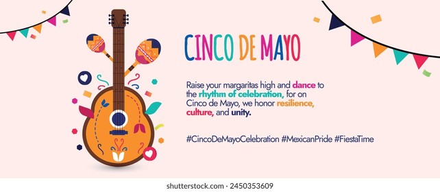 Cinco de Mayo - 5. Mai. Cinco de Mayo feiert Banner mit bunter mexikanischer Gitarre, Maracas, hängenden Dekorationen. Mexiko Fiesta Banner Poster Design mit traditionellen mexikanischen Symbolen.